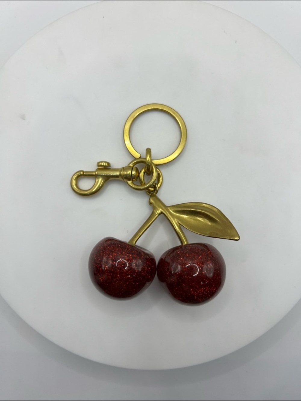 Gold Cherry Keychain Bag Charm with Red Glitter Cherries